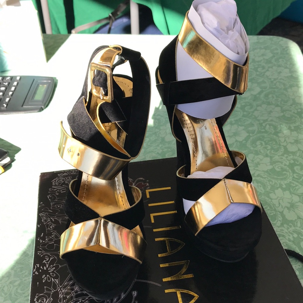 Brand new Black velvet and gold wedge shoes